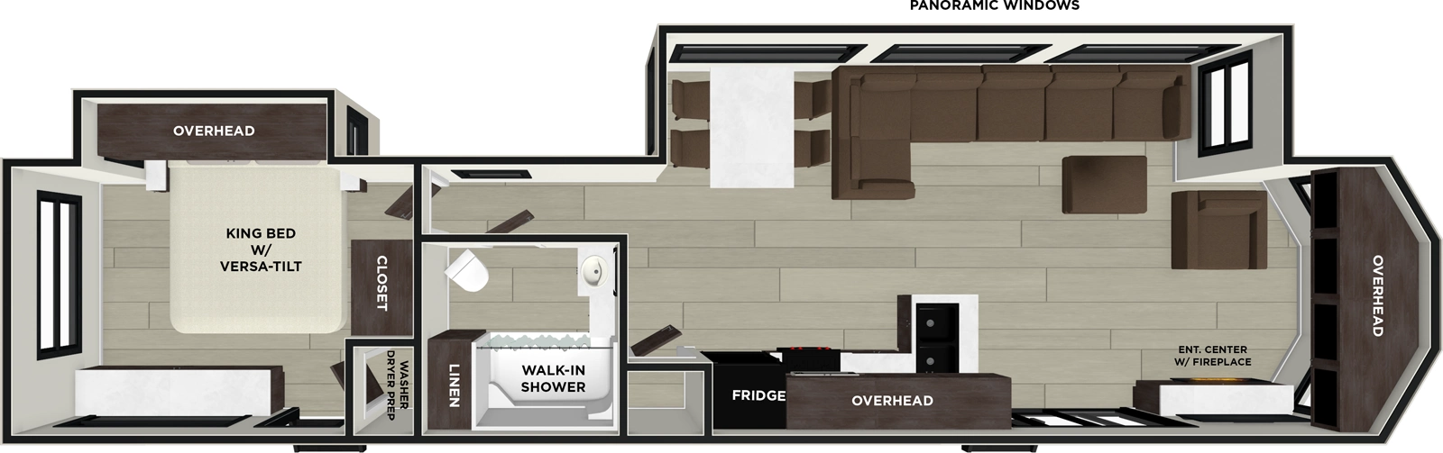 The Wildwood Lodge 40FDEN has two entries and two slide outs. Exterior features include: metal or fiberglass exterior and 21' awning. Interiors features include: rear bedroom and front living.